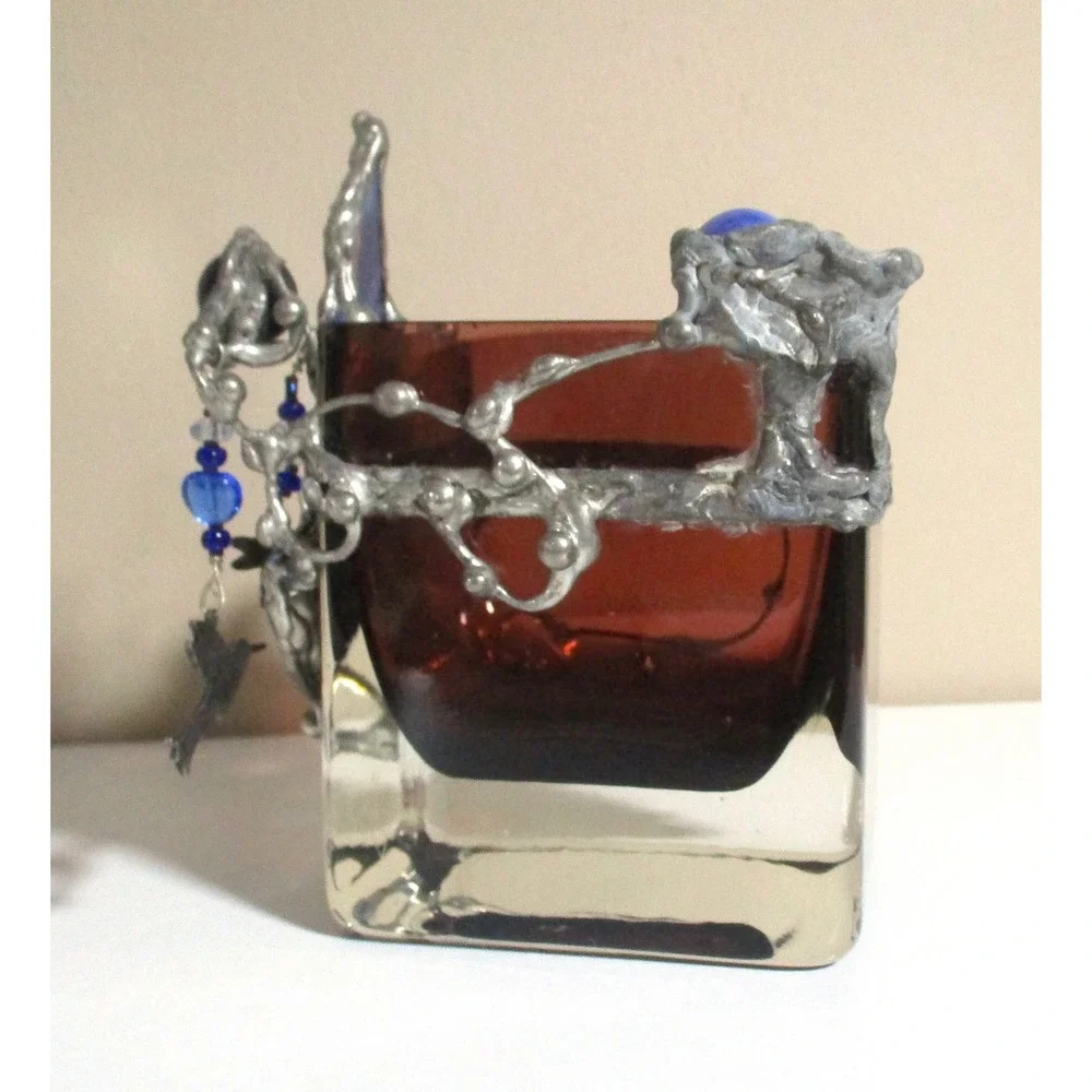 Art Glass Fairy Votive Holder Pewter Metal Moon Amethyst Hummingbird Whimsical
